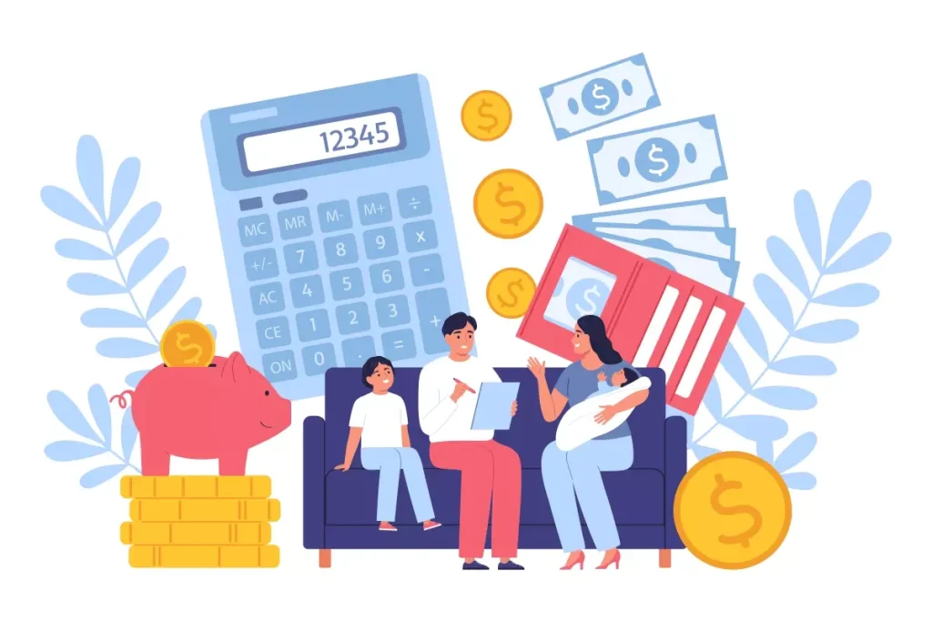 Ilustração de um trabalhador intermitente recebendo salário-família, com itens como cartela de pagamento, moedas, dinheiro e uma família na cena.