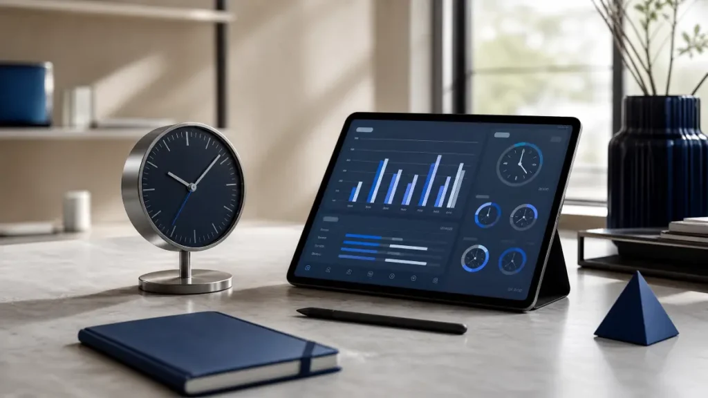 Mesa de escritório com relógio de banco de horas no trabalho intermitente, tablet exibindo gráficos e indicadores de negócios, bloco de anotações e caneta em ambiente moderno com decoração ao fundo.