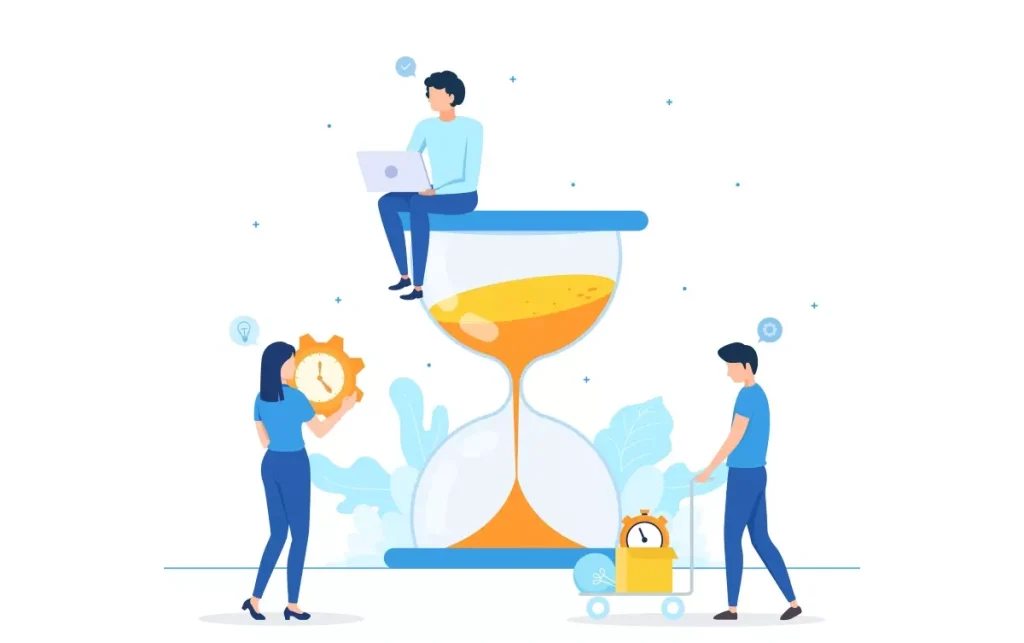 Ilustração colorida sobre Banco de Horas no Trabalho Intermitente, destacando pessoas gerenciando tempo com relógios e uma ampulheta gigante.