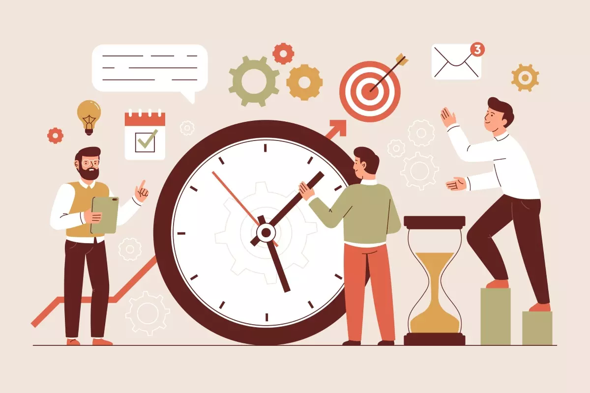 Ilustração de pessoas gerenciando o tempo de trabalho e atraso no trabalho intermitente, com relógio grande e elementos de produtividade.