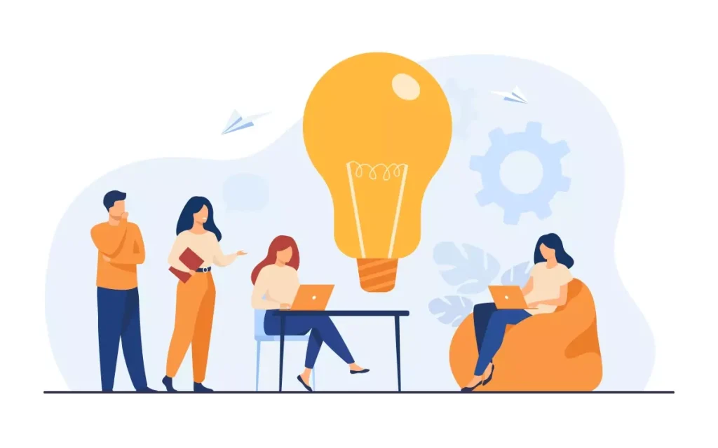 Ilustração de pessoas discutindo sobre o limite de trabalhadores intermitentes, com uma lâmpada simbolizando ideias e inovação no ambiente de trabalho.