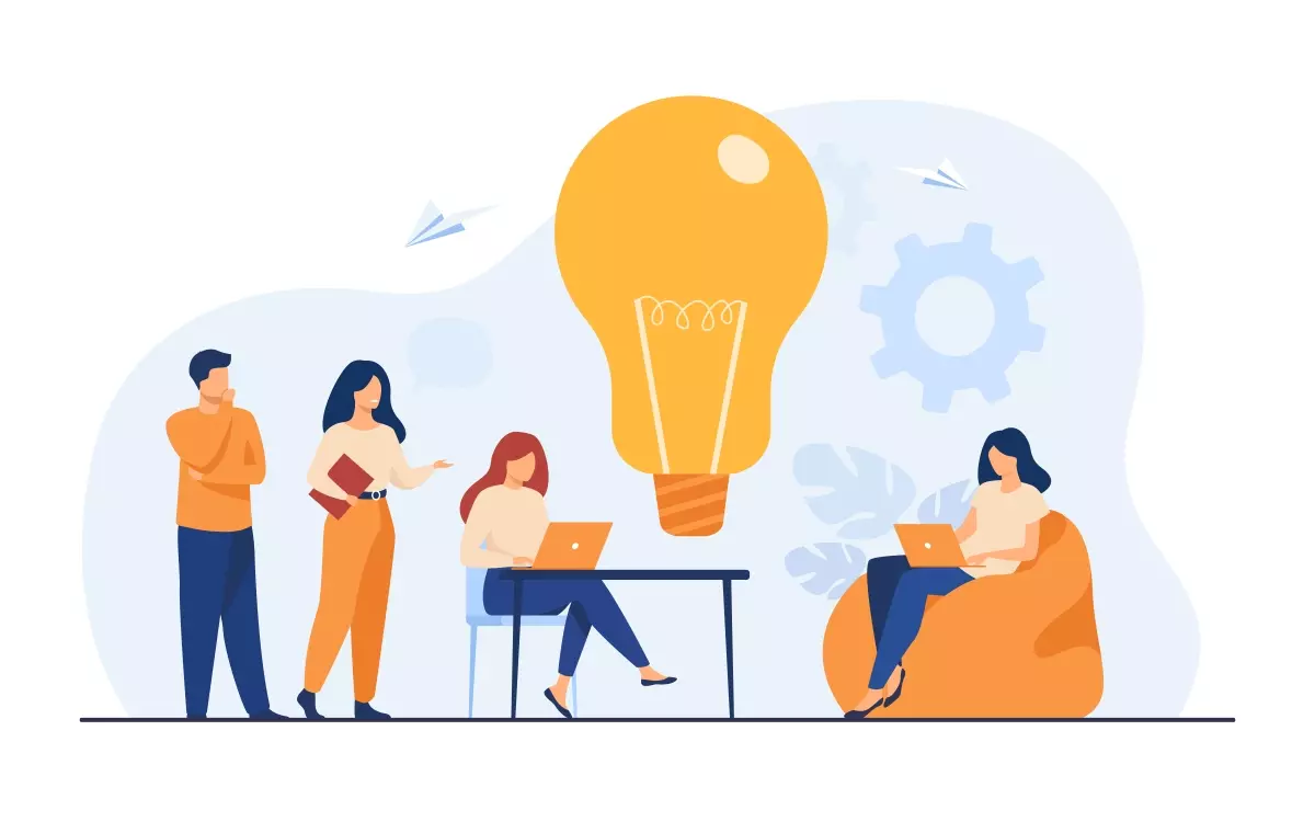 Ilustração de pessoas discutindo sobre o limite de trabalhadores intermitentes, com uma lâmpada simbolizando ideias e inovação no ambiente de trabalho.