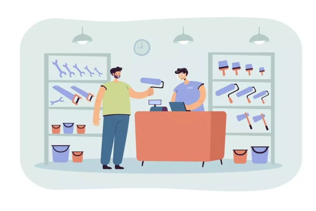 Ilustração de trabalhadores no comércio com foco em trabalho intermitente no varejo, demonstrando atividades em uma loja de ferramentas e materiais de construção.