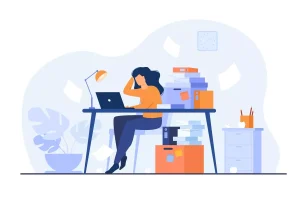 Ilustração de uma mulher estressada em um escritório cheio de papéis e arquivos, simbolizando o afastamento no contrato intermitente e suas complicações.