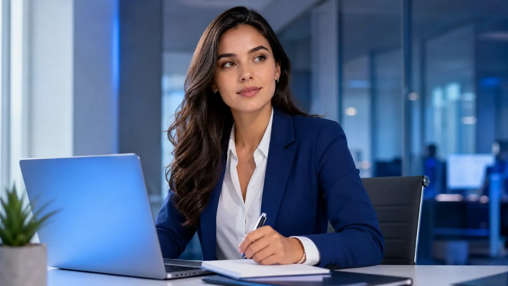 Mulher executiva em escritório moderno, usando terno azul e camisa branca, trabalhando em um laptop e segurando uma caneta enquanto conversa ou faz anotações