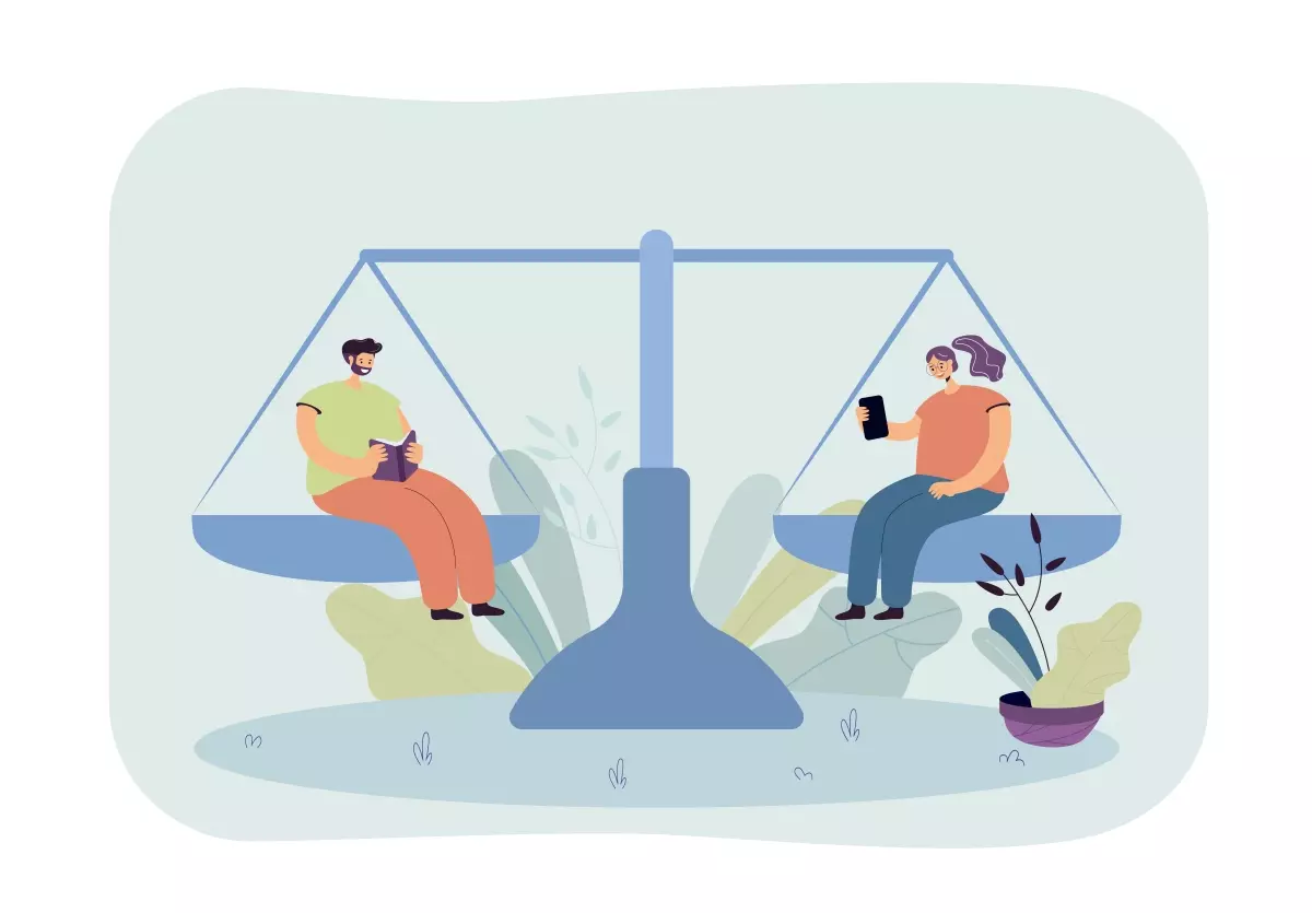 Ilustração de uma balança equilibrando duas pessoas usando dispositivos móveis, representando flexibilização na Reforma Trabalhista.