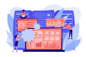 Ilustração de uma plataforma digital para gestão do trabalho intermitente, com gráficos, modelos e pessoas interagindo com telas, simbolizando controle e análise de dados.