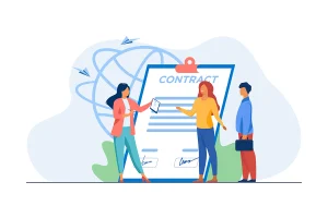 Imagem ilustrativa sobre contrato de trabalho intermitente, mostrando três pessoas assinando e revisando um documento importante, representando o processo de formalização desse tipo de contrato.