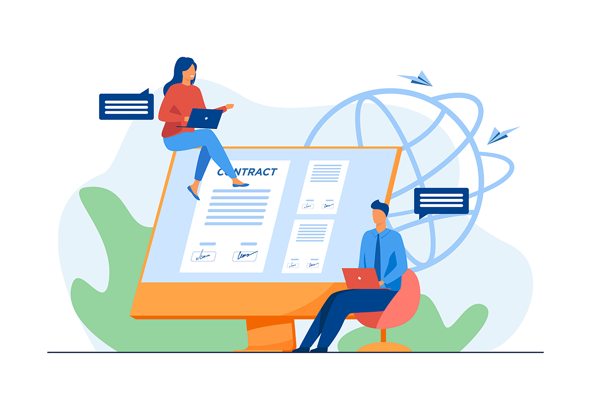 Ilustração de contrato intermitente , apresentando profissionais revisando documentos digitais, simbolizando os aspectos atuais da contratação.