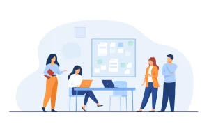 Imagem ilustrativa de uma equipe de trabalho colaborando em um projeto em ambientes de escritório, representando ações intermitentes, temporárias ou parciais.