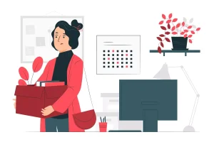 Ilustração de uma pessoa com roupa casual segurando uma caixa com itens pessoais em um ambiente de escritório, representando aviso prévio no trabalho intermitente.