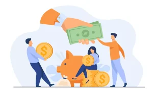 Imagem ilustrativa sobre o salário do trabalhador intermitente, mostrando pessoas interagindo com dinheiro, moedas e uma isca de porco, representando economia e trabalho intermitente.