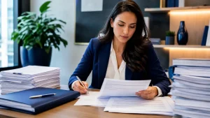 Mulher de negócios em ambiente de escritório, de terno azul, assinando a rescisão do contrato de trabalho intermitente enquanto faz anotações sobre papéis e pastas sobre a mesa, com pilhas de arquivos ao redor.