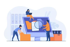 Ilustração de pessoas utilizando computador para dar baixa na carteira de trabalhador intermitente, com elementos relacionados a gestão de registros trabalhistas.