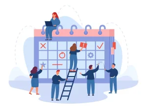 Ilustração de um calendário com pessoas planejando o empregado intermitente que pode trabalhar todos os dias, destacando flexibilidade no trabalho.