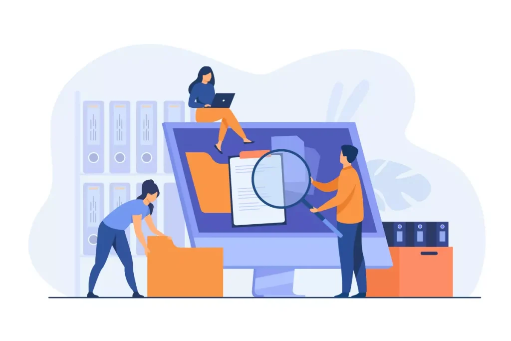 Ilustração representando o recibo de pagamento no trabalho intermitente, com pessoas analisando documentos financeiros e computador.