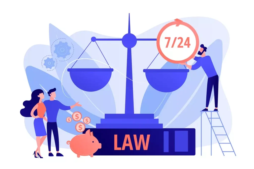 Ilustração relacionada à Reforma Trabalhista preservou direitos constitucionais, mostrando duas balanças com pessoas e símbolos que representam justiça e leis trabalhistas.