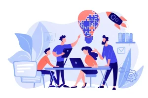 Ilustração de trabalhadores intermitentes e autônomos discutindo projetos e ideias, destacando a flexibilidade e diversidade do trabalho independente.