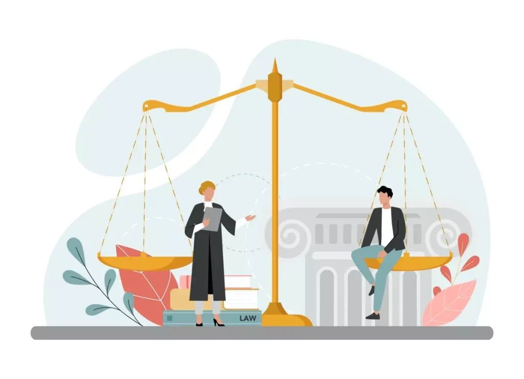 Ilustração representando o conceito de trabalho intermitente na CLT, com duas pessoas em lados opostos de uma balança, simbolizando equilíbrio e direito trabalhista.