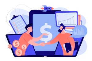 Ilustração representando trabalho intermitente para o trade marketing, com profissionais usando computadores, gráficos e dinheiro, destacando oportunidades de emprego flexível na área.