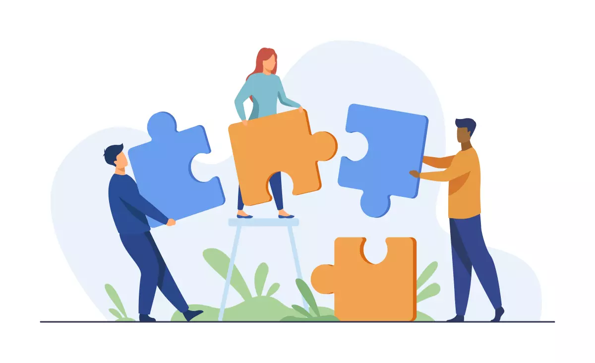 Ilustração representando o regime de trabalho intermitente, com pessoas encaixando peças de quebra-cabeça, simbolizando a adaptação e flexibilidade no trabalho.