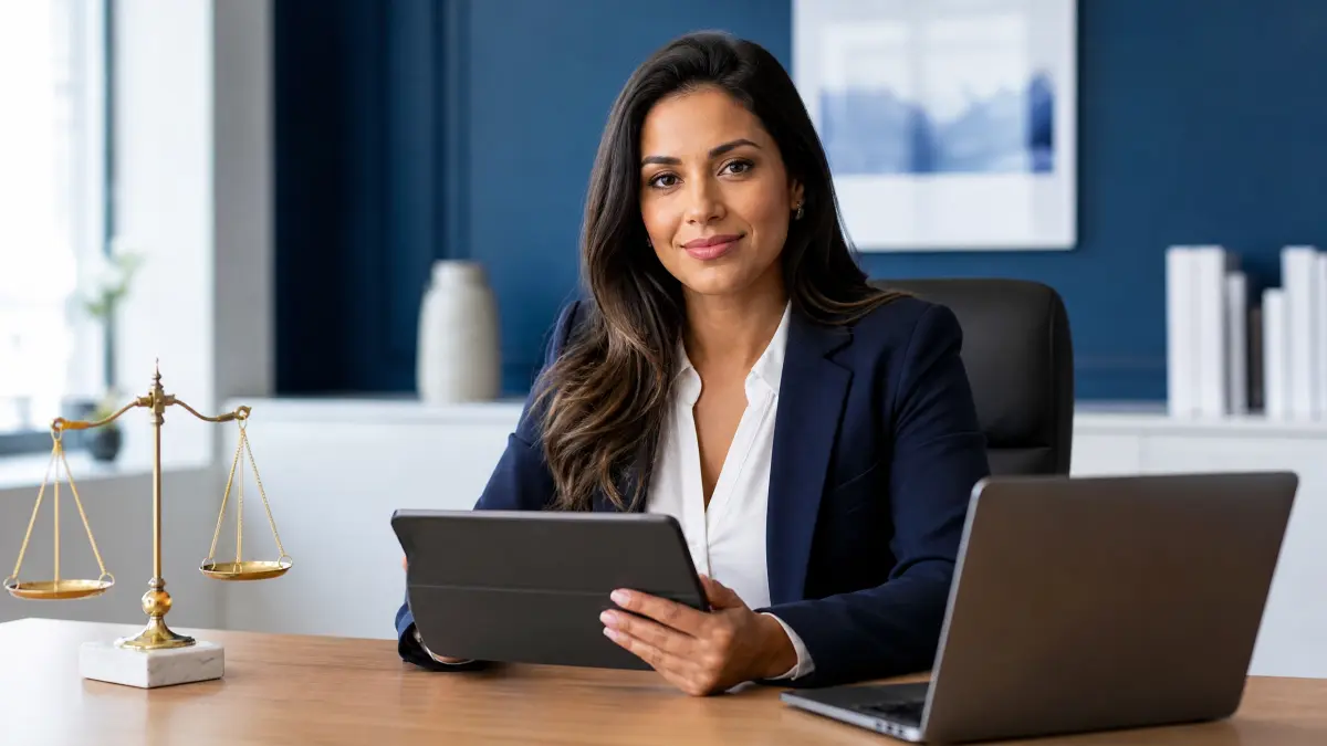 Advogada sorridente em escritório moderno, sentada à mesa com laptop e tablet, com balança de justiça ao lado representando MP 808 no trabalho intermitente, em foto corporativa profissional.
