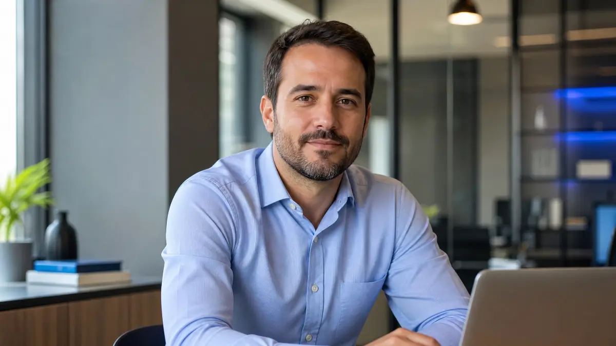 Homem de terno azul claro em escritório moderno, sentado à mesa e olhando para a câmera, com ambiente corporativo e tudo sobre o trabalho intermitente, ao fundo e luz natural suave