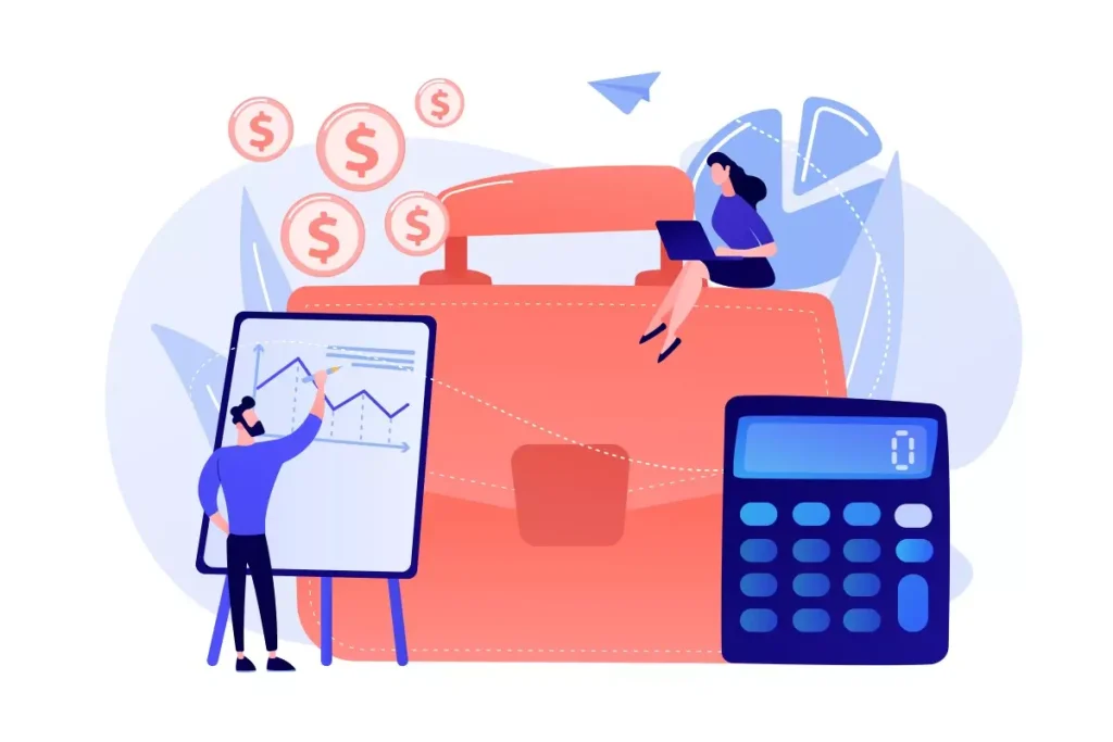 Ilustração de uma calculadora de salário intermitente com gráficos, moedas e uma pessoa usando um computador, representando cálculos de salário intermitente.
