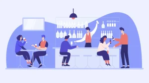 Imagem de um bar com funcionários atendendo clientes, ilustrando o contrato intermitente para bares e restaurantes, destaque para o ambiente moderno e acolhedor.