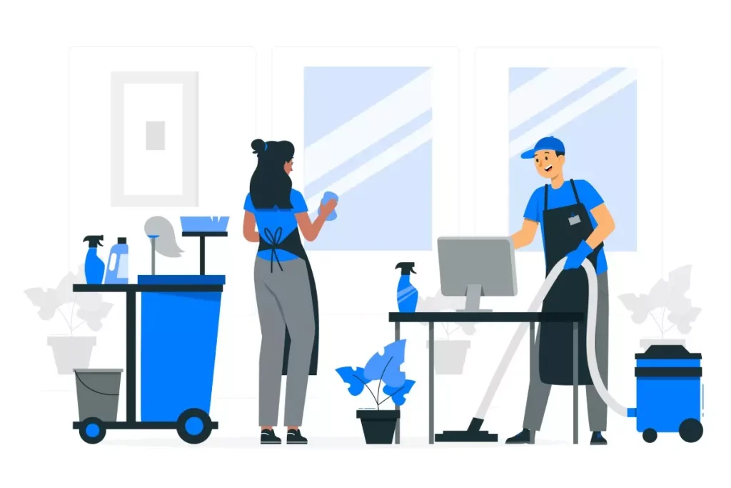 Imagem ilustrativa de uma diarista conversando com um empregador em um ambiente de limpeza, representando o contrato intermitente para diarista, destacado por elementos de limpeza e um contrato.
