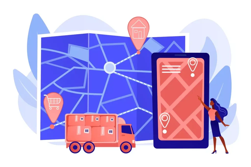 Ilustração de um contrato de trabalho intermitente para motorista, incluindo um mapa, um veículo de transporte e um smartphone com formulário digital.