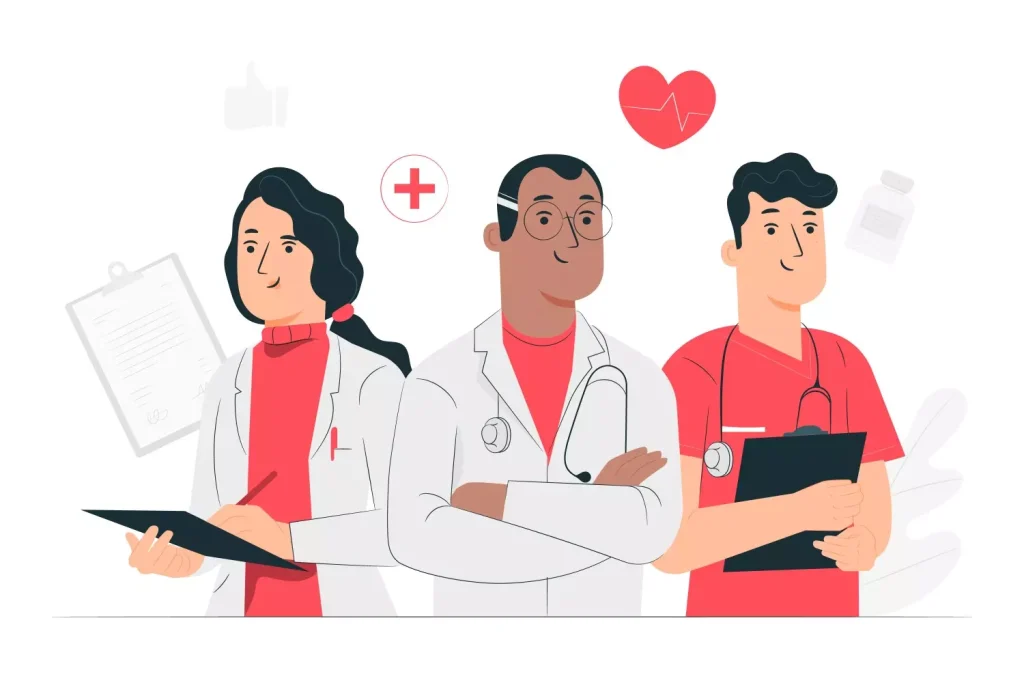 Ilustração de profissionais da saúde discutindo contrato intermitente, representando oportunidades de trabalho flexível para profissionais de saúde.