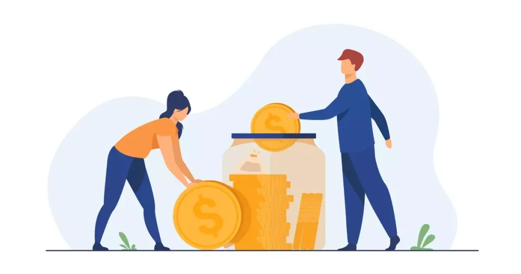 Ilustração mostrando a importância do FGTS para contratos intermitentes, destacando o benefício financeiro e a segurança do trabalhador, com duas pessoas manipulando moedas douradas e o símbolo do FGTS.