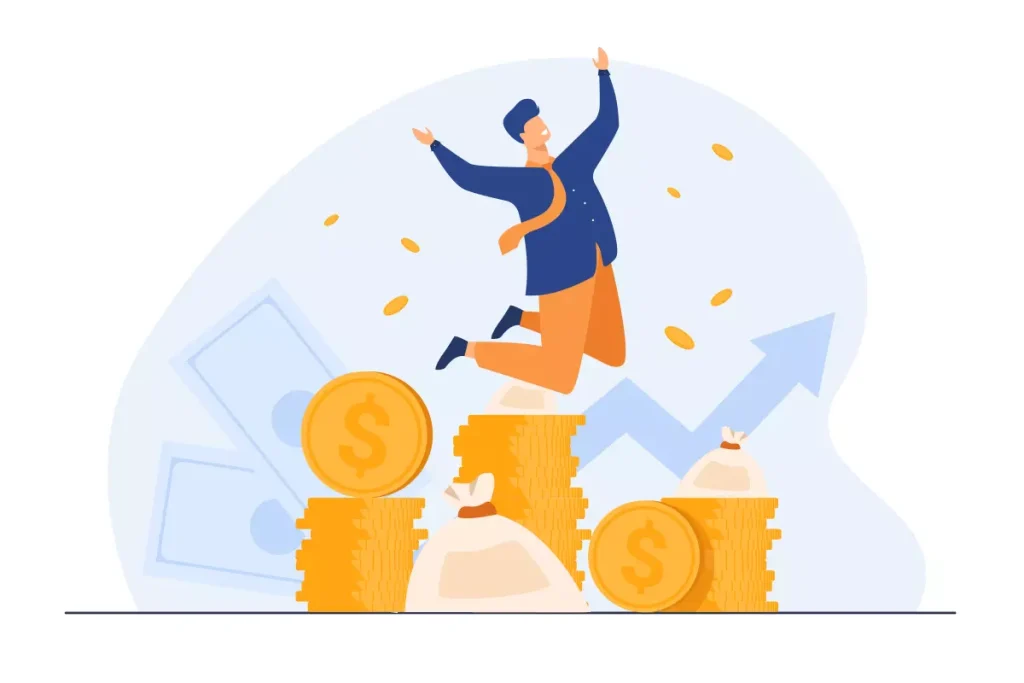 Ilustração de uma pessoa feliz pulando ao lado de pilhas de moedas, representando pagamento no contrato intermitente, uma modalidade trabalhista.