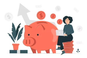 Ilustração de uma pessoa sentada ao lado de um porquinho colocando moedas dentro dele, representando estratégias para reduzir custos do seu negócio e economizar dinheiro.