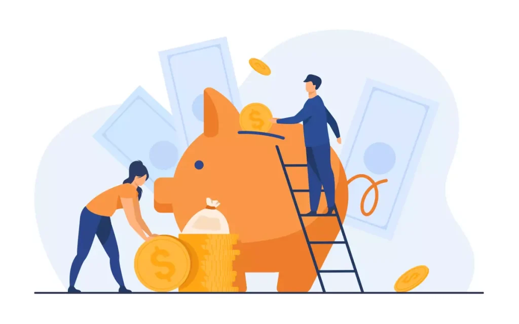 Ilustração de pessoas interagindo com um grande símbolo de porco que representa o seguro-desemprego no trabalho intermitente, destacando assistência financeira temporária.