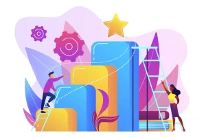 Gráfico ilustrativo mostrando crescimento no setor de serviços, representado por barras ascendentes, pessoas trabalhando e elementos de tecnologia, destacando o aumento do trabalho intermitente.