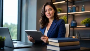 Mulher profissional em escritório moderno, usando blazer azul e segurando uma prancheta com direito do trabalhador intermitente, enquanto trabalha em uma mesa com notebook, livros e ambiente corporativo ao fundo.