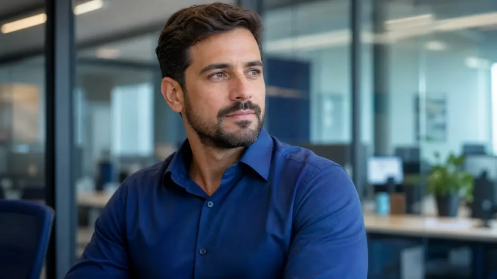 Homem adulto com barba e cabelo castanho usando camisa azul em um escritório moderno, sentado e olhando para o lado, expressão pensativa, ambiente corporativo com mesas e plantas ao fundo simbolizando as mudanças no trabalho intermitente.