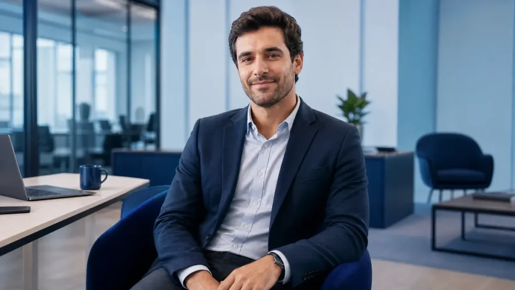 Homem em ambiente corporativo, sentado em cadeira de escritório e sorrindo para a câmera com laptop ao lado, usando terno e camisa social, cenário moderno e profissional representando o trabalho intermitente após a reforma trabalhista.