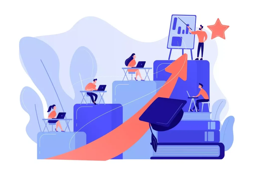 Ilustração de gestão de trabalhadores intermitentes com gráficos de crescimento, computadores e equipe treinando, exemplificando estratégias de como treinar trabalhadores intermitentes.