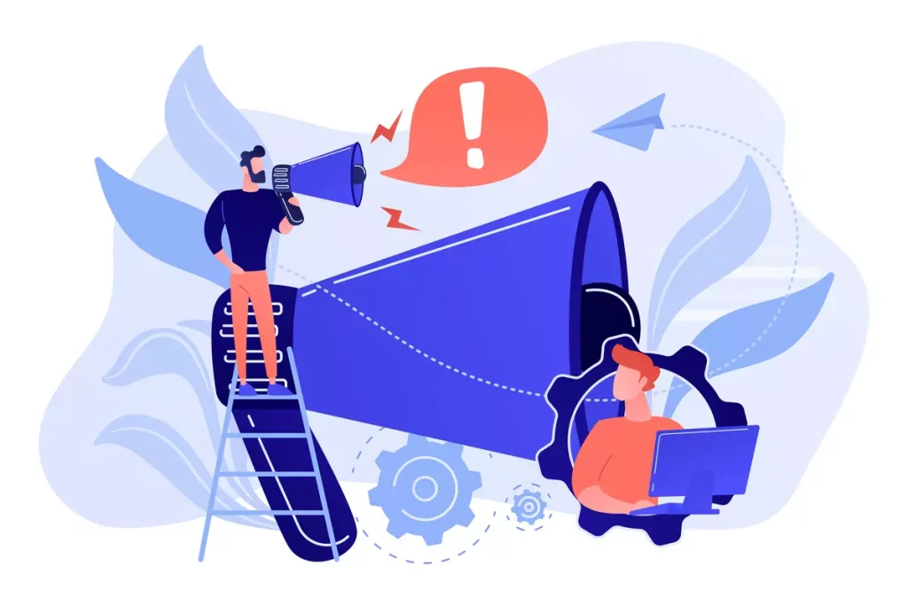 Ilustração representando a convocação de trabalhadores intermitentes com megafone, pessoa com laptop e elementos de comunicação, indicando alerta ou convocação.
