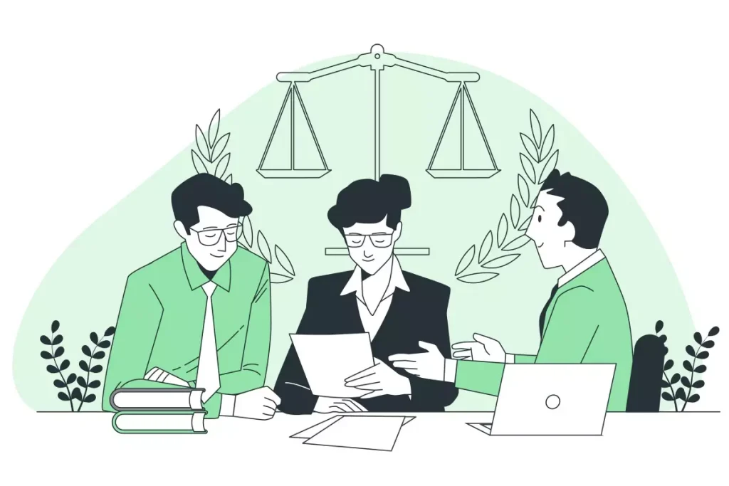 Ilustração de três pessoas discutindo um contrato de trabalho intermitente, simbolizando análise jurídica sobre sua constitucionalidade.