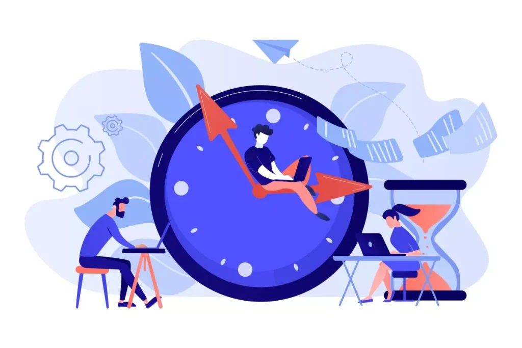 Ilustração representando a escala de trabalho intermitente, com um relógio grande e pessoas trabalhando ao redor, simbolizando flexibilidade de horários.