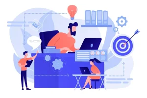 Ilustração sobre o conceito de período de inatividade no contrato intermitente, mostrando trabalhadores em pausa e profissionais planejando por meio digital.