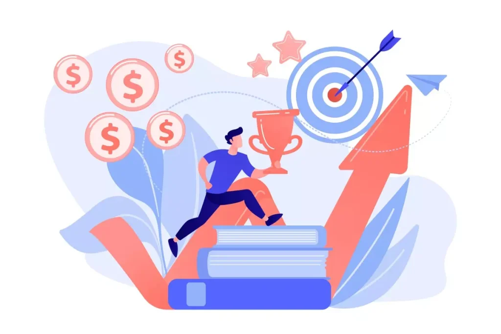 Ilustração destacando as vantagens do trabalho intermitente, com uma pessoa celebrando ao lado de símbolos de crescimento financeiro, alvo e troféu.