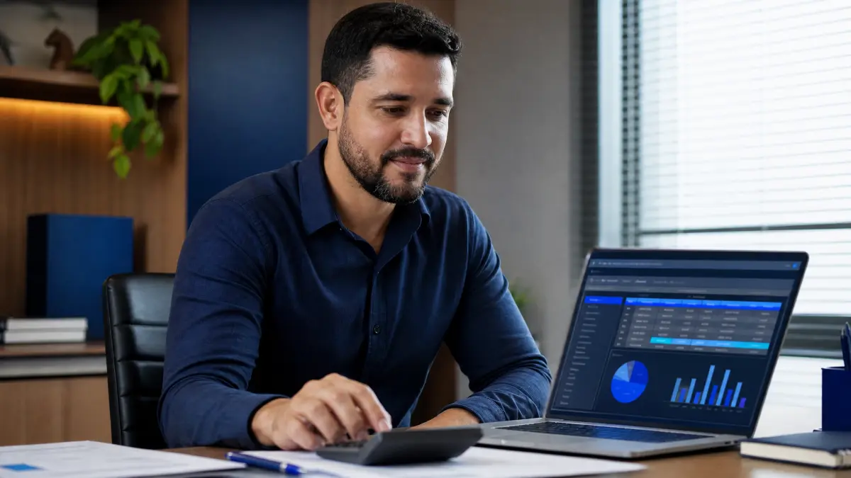 Homem em escritório analisa dados no notebook e faz anotações sobre trabalho intermitente, em contexto de estudo e planejamento financeiro do Salário Mínimo no Trabalho Intermitente.