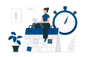 Imagem ilustrativa de uma mulher trabalhando em um computador portátil ao lado de um grande relógio, simbolizando gestão de ponto no trabalho intermitente.