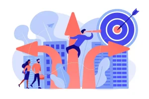 Imagem ilustrativa sobre Trabalho Intermitente como Alternativa, mostrando pessoas interagindo com símbolos de mercado de trabalho, opções e metas profissionais.