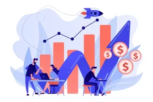 Imagem ilustrativa sobre trabalho intermitente, destacando gráfico de crescimento, foguete e moedas, simbolizando oportunidades e desafios na modalidade de trabalho intermitente.